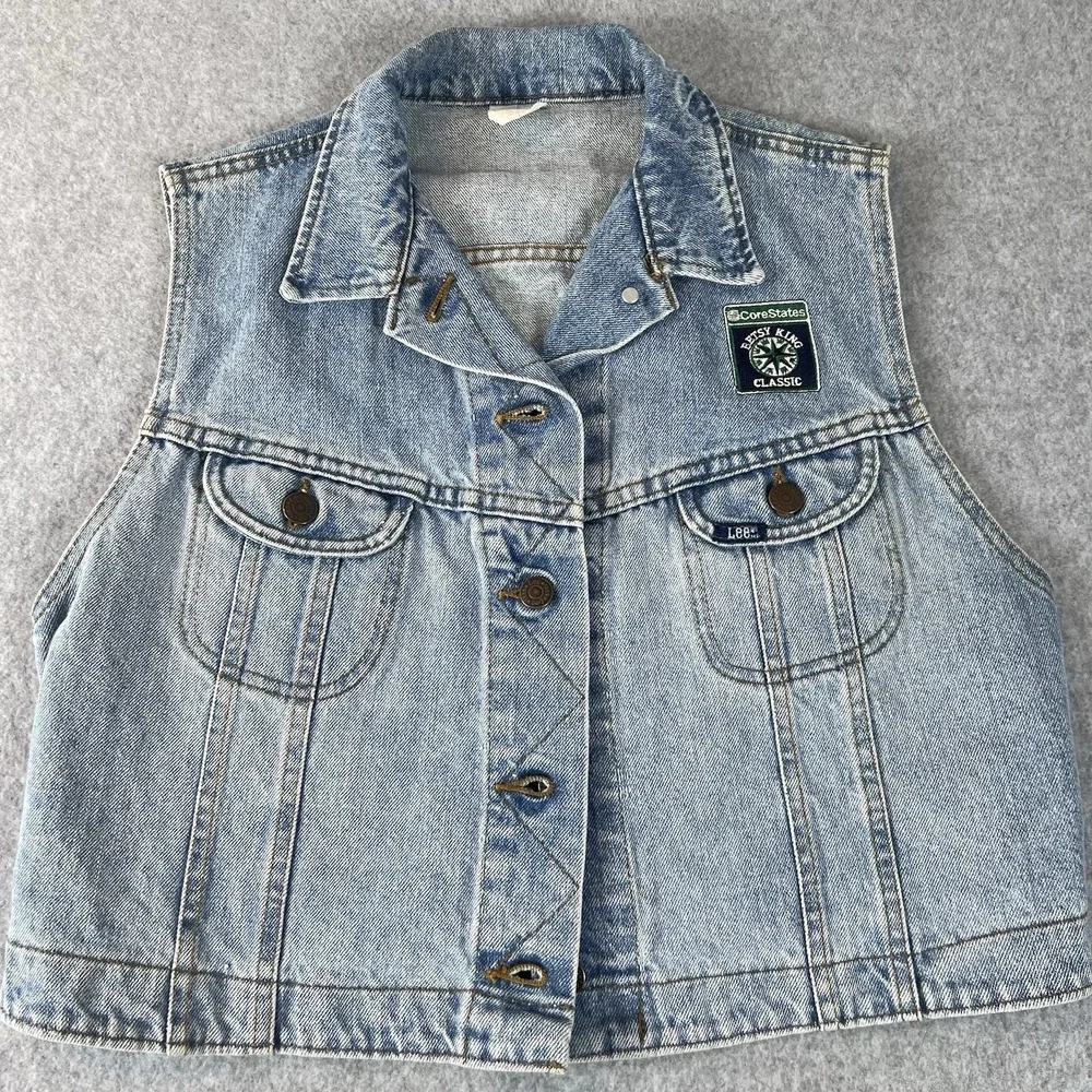 Vintage LEE RIVETED Denim Jacket Vest Woman's Large Trucker Made In USA Collar - Picture 5 of 7